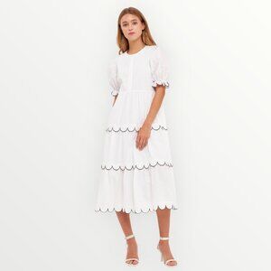 English Factory Scalloped Edge Tiered Midi Dress in White
